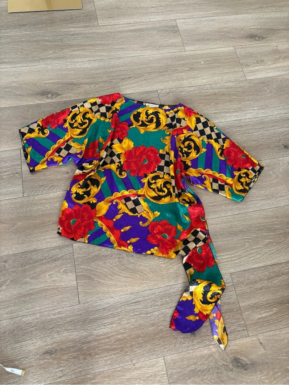 Vintage 80s Baroque Floral Satin Blouse Colorful Statement Top